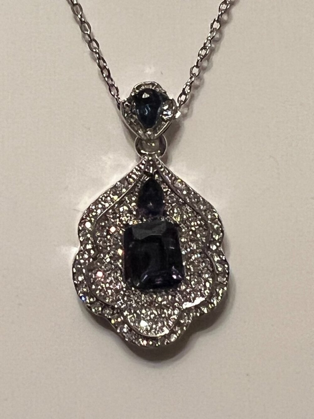Silver-Tone Blue Gemstone Halo Pendant Necklace (288)